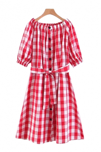Gorgeous Womens Checkered Printed Puff Sleeve Off the Shoulder Button Up Tied Waist Mid A-line Smock Dress in Red