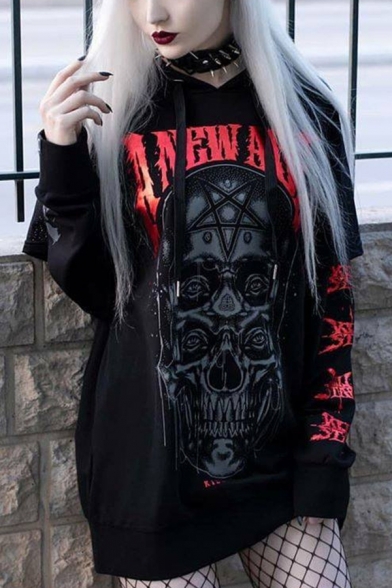 Gothic Womens Letter Skull Graphic Patchwork Long Sleeve Drawstring Long Relaxed Hoodie in Black