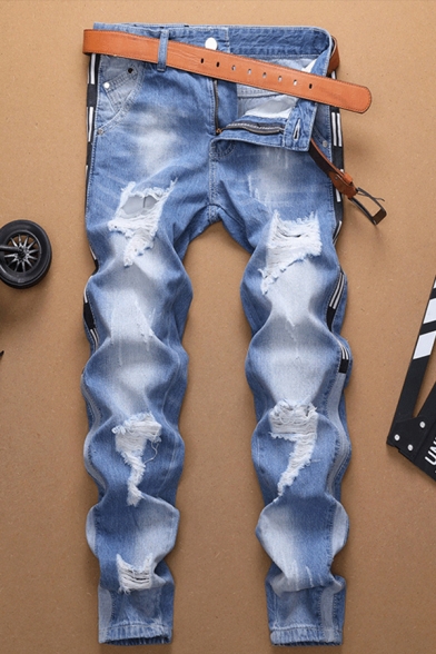 Men's Simple Fashion Solid Color Regular Fit Blue Washed Distressed Ripped Jeans