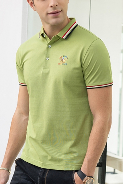 Mens Trendy Polo Shirt Horse Figure Letters Embroidered Contrasted Trim Short Sleeve Spread Collar Regular Fit Polo Shirt