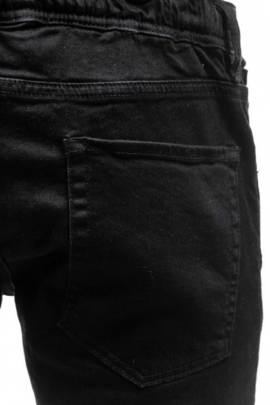 New Fashion Zip Side Embellished Pleated Knee Patched Elastic-Cuff Slim Fit Jeans for Guys