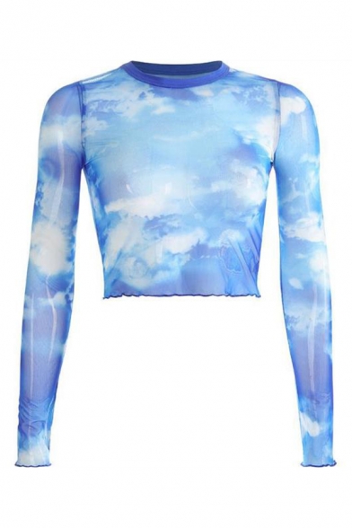 New Stylish Cloud Crane Printed Long Sleeve Crewneck Blue Mesh Cropped T-Shirt