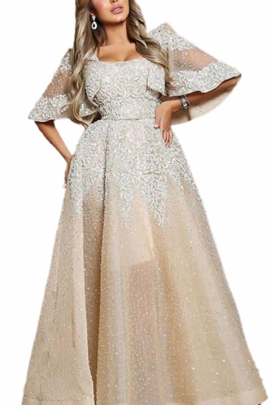Novelty Womens Sheer Mesh Patchwork Sequin Embellished Gathered Waist Square Neck Bell Sleeve Floor Length Fit&Flare Gown Prom Dress in White