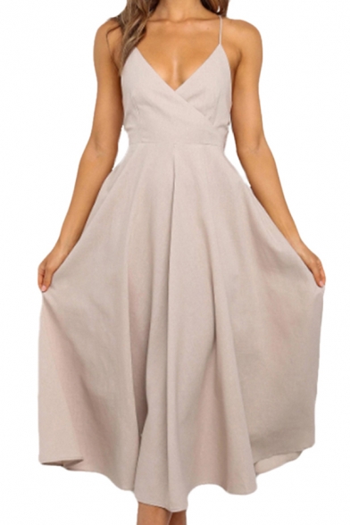 Popular Ladies Solid Color Spaghetti Straps Surplice Neck Bow Tied Back Mid Pleated A-line Slip Dress