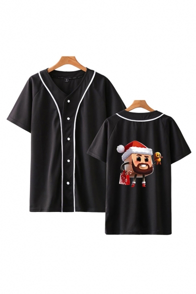 Popular Shirt Cartoon Character Dog Candy Pattern Piping Button up Short Sleeve V-Neck Fitted Shirt for Men