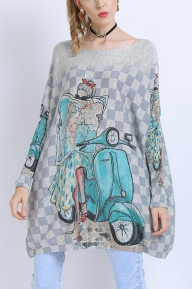 Popular Womens Motorcycle Girl Plaid Printed Boat Neck Long Sleeve Loose Tunic Knitwear Top