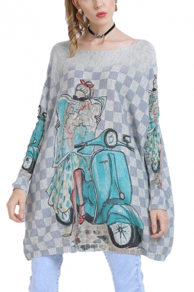 Popular Womens Motorcycle Girl Plaid Printed Boat Neck Long Sleeve Loose Tunic Knitwear Top