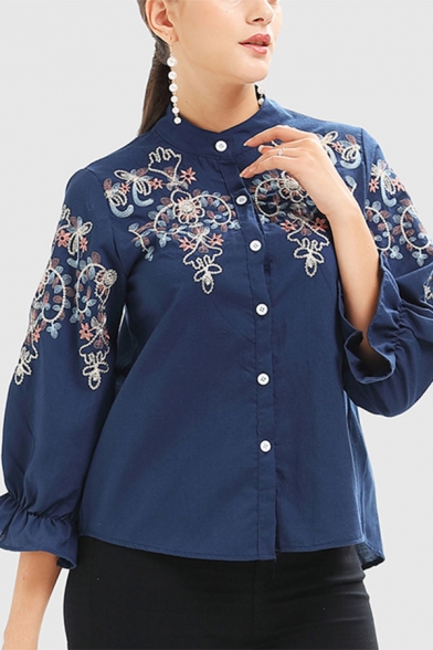 Retro Womens Floral Embroidered Button down Pleated Stand Collar Flare Cuff Sleeve Regular Fit Shirt