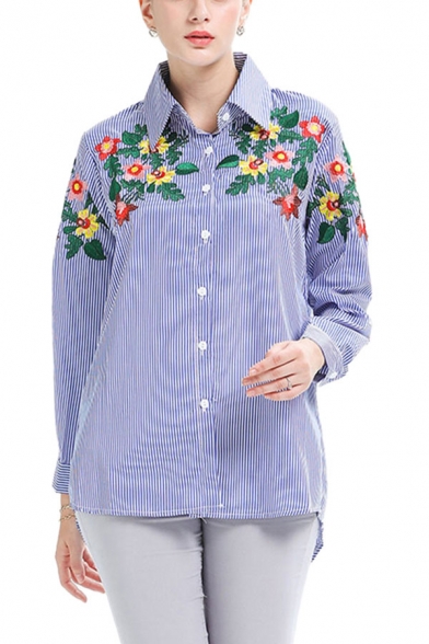 Retro Womens Striped Printed Floral Embroidery Button down Turn-down Collar Long Sleeve Regular Fit Shirt in Blue