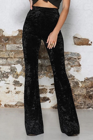 Stylish Solid Color Velvet High Waist Long Flared Pants for Ladies