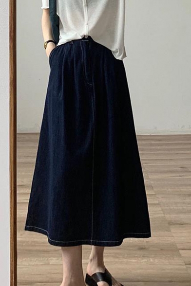 Summer Navy High Waist Pocket Side Fitted Midi A-Line Denim Skirt