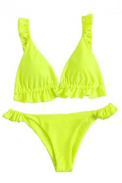 Summer Trendy Ruffled Hem Simple Plain Sexy Beach Bikini Swimwear for Women