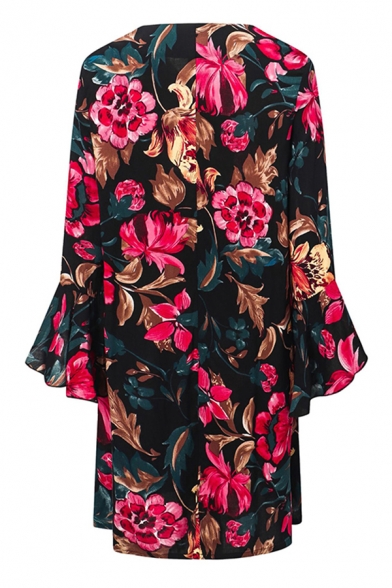 Trendy Allover Floral Printed Bell Sleeve V-neck Short A-line Dress in Black