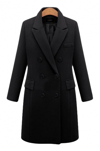 Trendy Solid Color Long Sleeve Notched Collar Double Breasted Flap Pockets Long Regular Fit Wool Coat for Girls