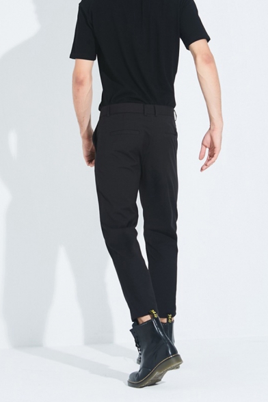 Trendy Tapered Pants Solid Color Zipper Button Pocket Mid Rise Regular Fitted Ankle Length Tapered Pants
