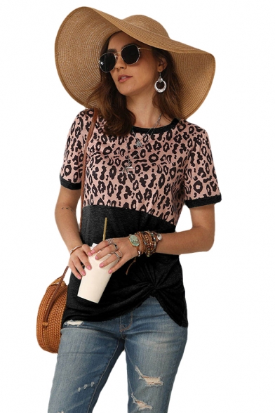 Trendy Womens Leopard Print Patchwork Contrast Trim Color Block Short Sleeve Crew Neck Tee