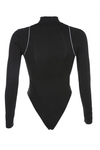 Athletic Women's Long Sleeve High Neck Letter KL ALIEN Half Zip Slim Fit Bodysuit in Black