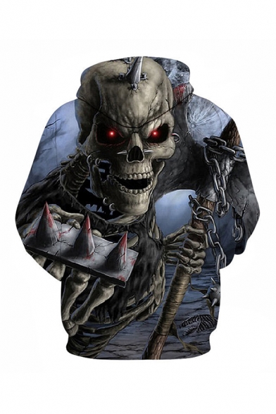Basic Mens 3D Hoodie Skull Chain Axe Printed Drawstring Regular Fitted Long Sleeve Hoodie