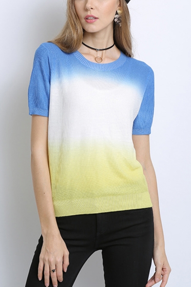 Blue Popular Ombre Round Neck Short Sleeve Regular Fit Pullover Knitwear Top for Women