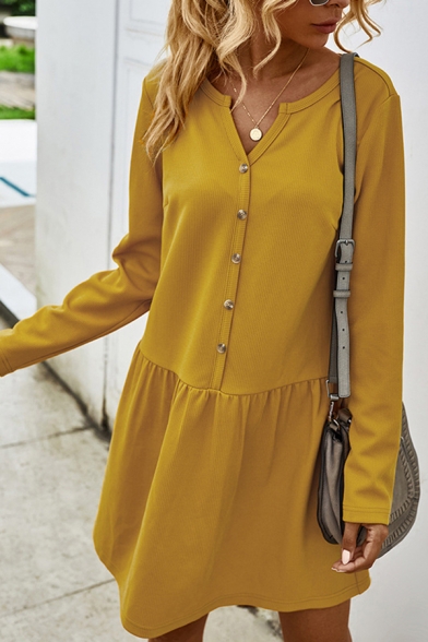 Casual Solid Color Button Up Pleated Notched Collar Long Sleeve Mini Swing Dress for Women