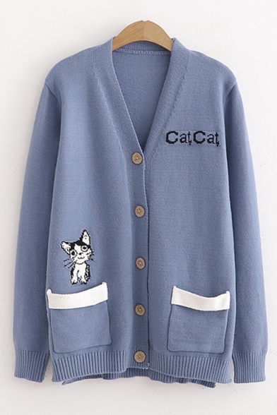 Casual Womens Letter Cat Cat Cartoon Embroidered Pockets Side Long Sleeve V-neck Button up Knit Relaxed Cardigan