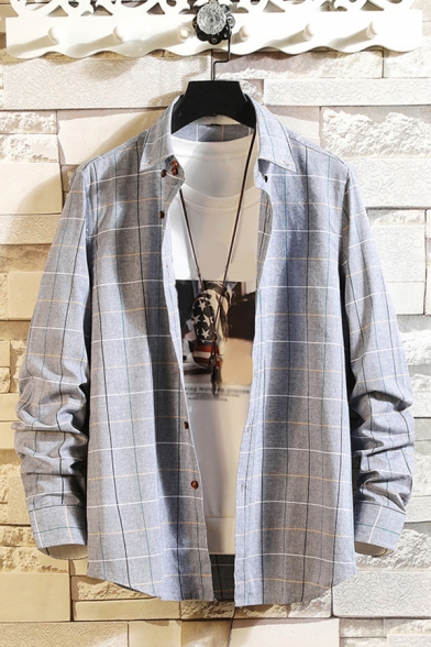 Chic Mens Shirt Checked Pattern Button down Long Sleeve Button-down Collar Fitted Shirt