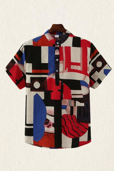 Classic Mens Shirt Color Block Geometric Pattern Stand Collar Button Detail Regular Fit Short Sleeve Shirt