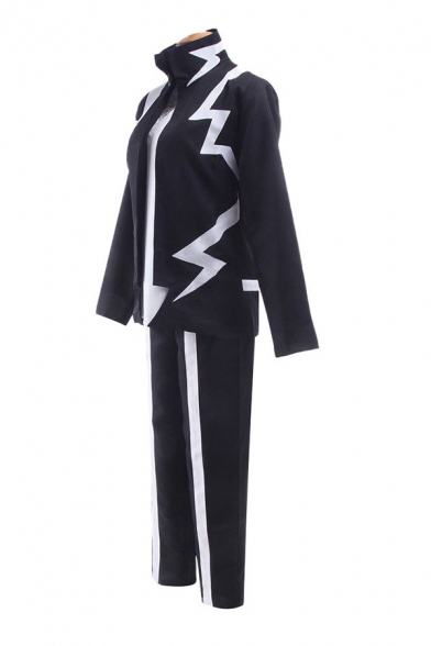 Cool Anime Costume Contrasted Long Sleeve Stand Collar Relaxed Jacket & Long Striped Straight Pants Set in Black