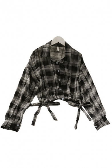 Cool Girls Plaid Checker Drawstring Pleated Button Up Turn Down Collar Long Sleeve Slim Fit Crop Blouse