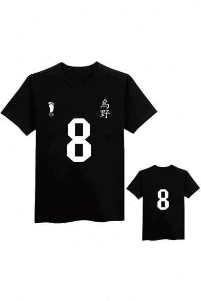 Cool Mens Japanese Letter Footprint Graphic Short Sleeve C-neck Loose T-shirt in Black