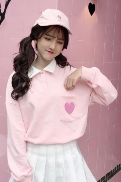 Cute Heart Embroidered Pocket Lapel Collar Long Sleeve Pink Crop Sweatshirt