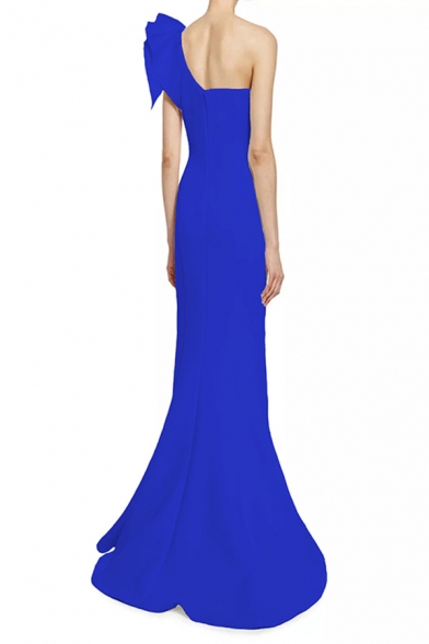 Elegant Womens Solid Color Ruffled Oblique Shoulder Maxi Fishtail Evening Dress