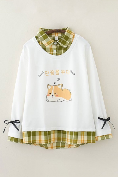 Fashionable Girls Korean Letter Dog Graphic Plaid Print Patchwork Tied Long Sleeve Polo Collar Relaxed Sweatshirt