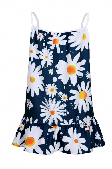 Fashionable Womens All over Daisy Floral Printed Pleated Open Back U-Shaped Collar Spaghetti Straps Sleeveless Loose Fit Peplum Cami Top