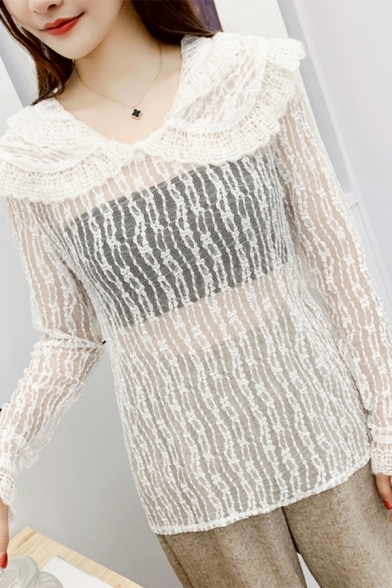 Girls Cute Double Layer Peter Pan Collar Long Sleeve Loose Fit Sheer Lace Blouse