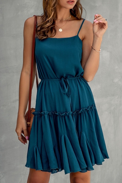 

Gorgeous Ladies Solid Color Drawstring Pleated Ruffle Cuff Strap Sleeveless Short Slip Dress, Black;blue;pink, LM661278