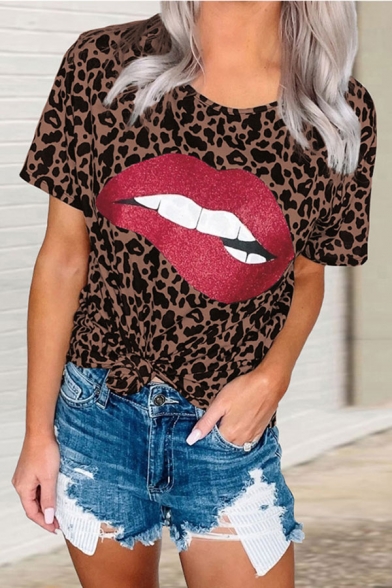 Hot Popular Leopard Sequined Lip Printed Crew Neck Short Sleeve Loose Fit Tunic Tee for Womens