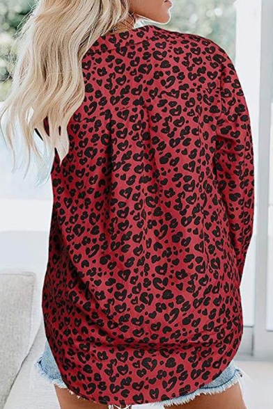 Hot Stylish Womens Red Leopard Print Button Down Long Sleeve V Neck Loose Shirts