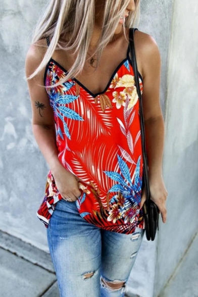 Hot Summer Ladies Tropical Printed Sleveless Spaghetti Straps Relaxed Fit Tuinc Cami Top