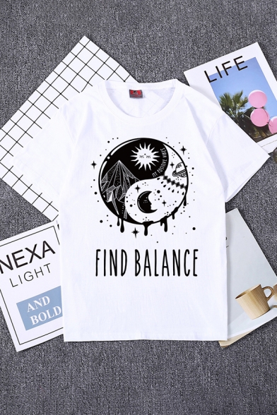 Leisure Womens Letter Find Balance Yin Yang Graphic Short Sleeve Crew Neck Relaxed Fit T-shirt
