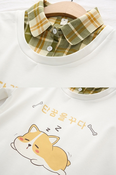 Lovely Ladies Korean Letter Dog Graphic Plaid Printed Fake Two Piece Long Sleeve Relaxed Pullover Sweatshirt