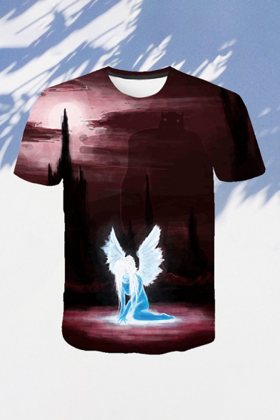 Mens 3D T-Shirt Casual Castle Monster Wing Chain Painting Regular Fit Short Sleeve Round Neck T-Shirt