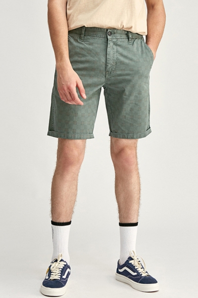 Mens Chinos Shorts Chic Plaid Striped Pattern Knee-Length Regular Fitted Zipper Fly Chinos Shorts