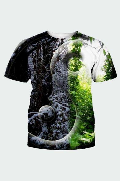 Mens Cozy 3D Top Tee Color Block Tai Chi Trees Vines Pattern Round Neck Short Sleeve Regular Fitted Tee Top