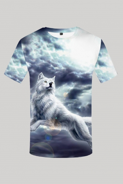 Mens Fashion 3D Top Tee Animal Wolf Cloud Halo Pattern Round Neck Short Sleeve Regular Fitted Tee Top