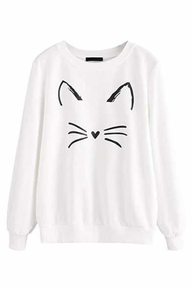 

New Stylish Cat Print Long Sleeve Round Neck Pullover Sweatshirt, Color 1, LC455983
