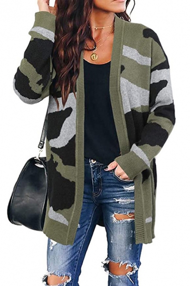 Popular Camo Printed Long Sleeve Open Front Knitted Loose Fit Cardigan for Girls