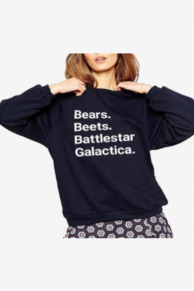 Popular Letter BEARS BEETS Pattern Crew Neck Long Sleeve Relaxed Pullover Sweatshirt