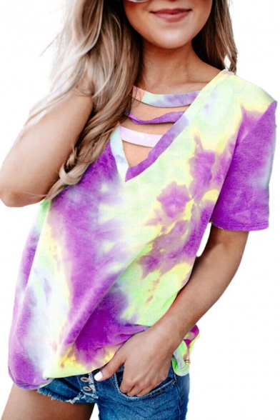 Popular Tie-dye Printed Hollow out V-neck Short Sleeve Relaxed Fit T-shirt for Women