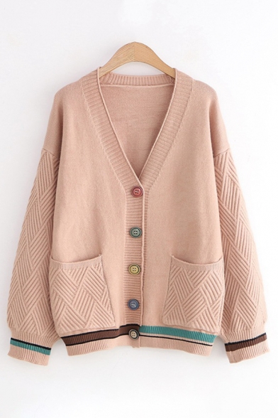 Popular Womens Knitted Contrasted Long Sleeve V-neck Colorful Button up Relaxed Fit Cardigan